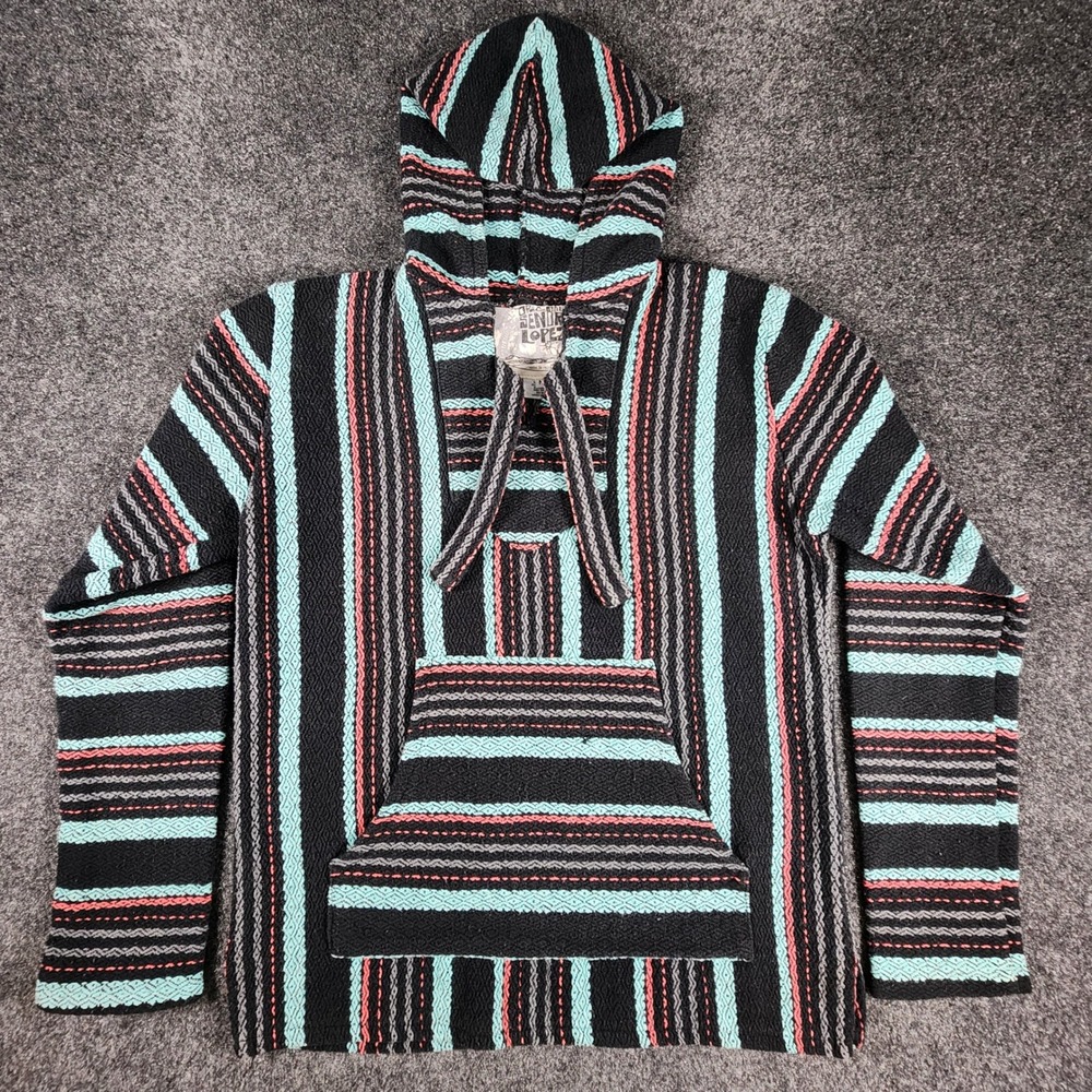 Senor Lopez Baja Hoodie Mens Medium Black Teal Pink Striped Mexican Pullover